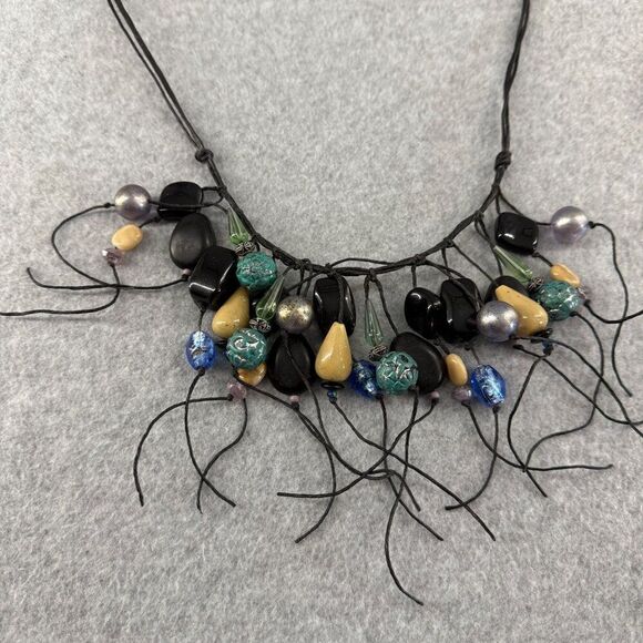 Teresa Goodall Vintage Resin Glass Bead Necklace Linen Cord Signed Boho Jewelry - Picture 4 of 12
